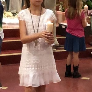 Lavender White Crochet Cap Sleeve Tulle Hem Dress EUC